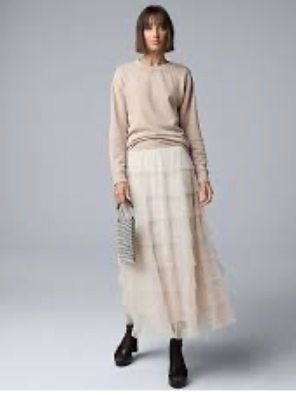Simply Vera Vera Wang Beige Cream Tulle Plaid Maxi Skirt